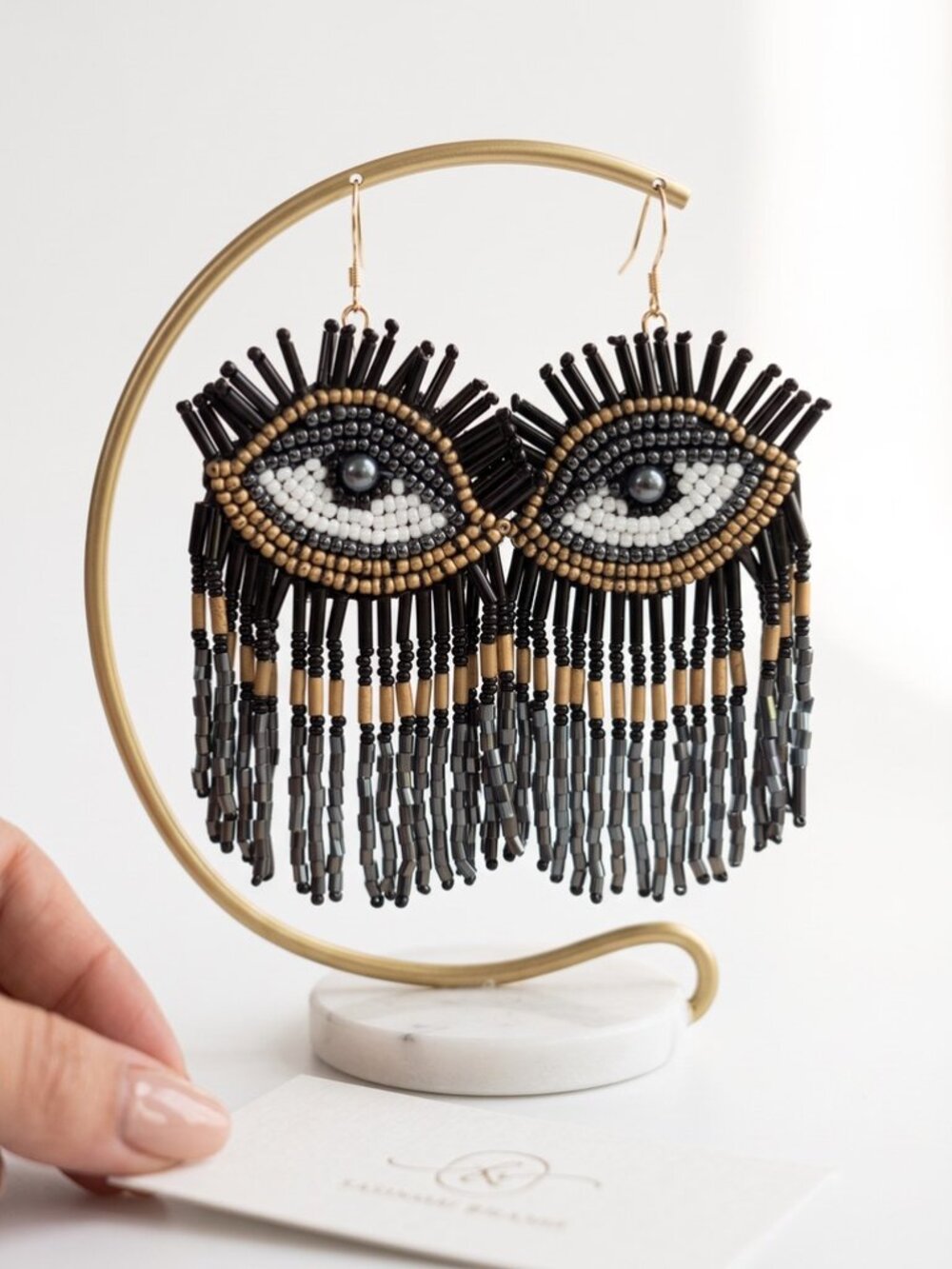Black Gold Evil Eye Fringe Beaded Earrings NWT